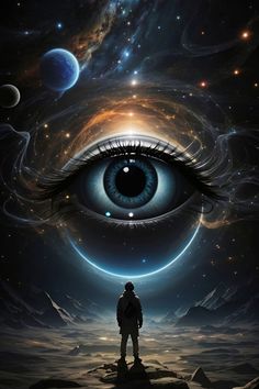 a man standing in front of an eye looking at the sky with stars and planets around him