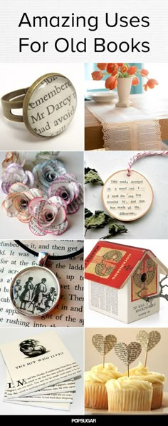 several different pictures with the words amazing uses for old books on them, including cupcakes