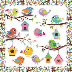 colorful birds are sitting on the tree branches with birdhouses and flowers in the background