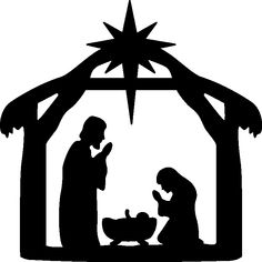 the nativity scene with person and baby jesus silhouetted in black on a white background