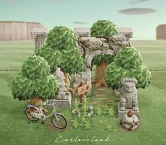 an animated image of a man on a bike in front of a stone structure with trees and animals