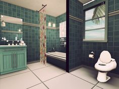 a bathroom with a toilet, sink and bathtub in green tiled wallpapered walls