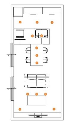 the floor plan for an office with two desks and three couches, all in orange dots