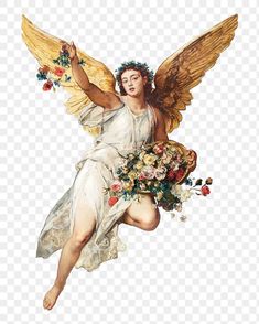 an angel with flowers in her hand and wings, on a transparent background png