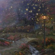 a painting of a park at night with fireflies in the sky and flowers on the ground