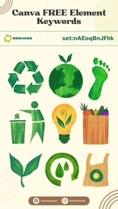 a poster with green items on it and the words canva free element keywords