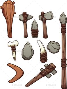 an assortment of different types of wood and stone tools, including hammers, nails, rocks, and other items