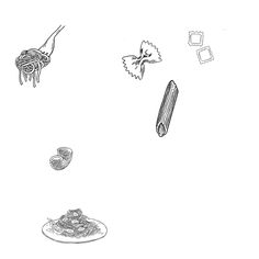 a drawing of food on a plate and some utensils in the air above it