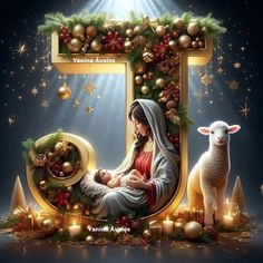 the birth of jesus christ is surrounded by christmas decorations and candles, including a sheep