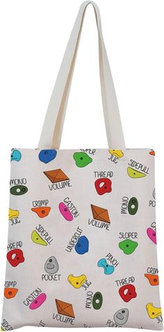 a white tote bag with different types of donuts and other things on it