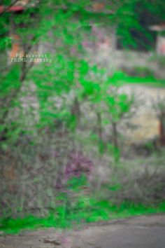 a blurry photo of a street sign in front of a green and white wall