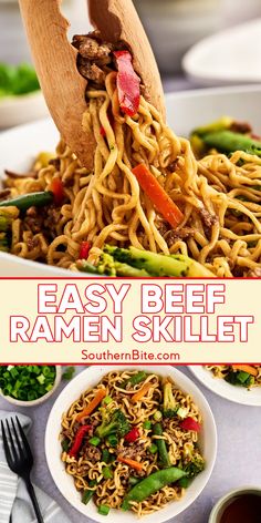 an easy beef ramen skillet with noodles, vegetables and meat is ready to be eaten