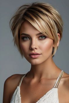 Hair Short In Back Long On Sides, Choppy Bob Hairstyles Round Faces, Cute Short Hair Cuts With Bangs, Blonde Long Pixie Haircut, Shattered Haircut, Short Hairstyle Women 30s, Modern Day Shag, Womens Pixie Haircut, Bixie Colour Haircut 2024