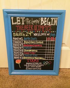 a chalk board with the rules for beer olympics written on it