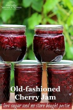 old - fashioned cherry jam in jars on a table with the words, low sugar and no store bought pectin