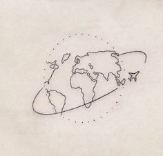 a black and white drawing of a plane flying around the world