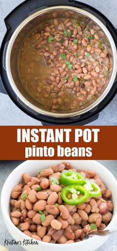 instant pot pinto beans in a white bowl with green peppers on the side and an image of