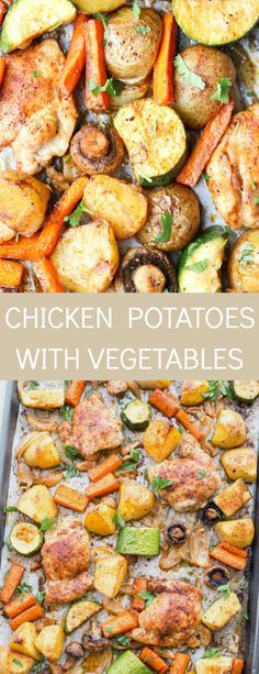 chicken potatoes with vegetables on a baking sheet and in the background, there is an image of