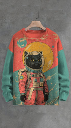 Color Block Art, Cat Astronaut, Block Art, Knit Sweatshirt, Cat Theme, Art Block, Mode Inspiration, Vintage Tshirts