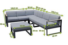 the sectional sofa is shown with measurements for each seat and footstool, along with an ottoman