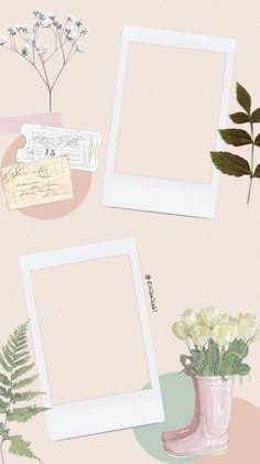 two white frames with flowers and plants next to each other on a pink wallpaper background