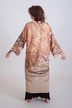 Unisex, art-infused kimono robe. Meant for travel, lounging around, summer festivals or daily routines, our extra long kimonos fit all humans and all occasions. The perfect combination of comfort and style, this kimono is a great addition to your favourite clothes collection. For art and fashion lovers alike! * Every kimono robe is sublimation printed with special design by BENZE and sewn by hand * Comes with a printed bag in the same fabric  * Has pockets and a belt * Vibrant print will never f Artistic Summer Kimono, Beige Kimono With Kimono Sleeves For Vacation, Beige Beach Robe With Kimono Sleeves, Oversized Long Beige Kimono, Wolf Art Print, Printed Kimono, Small Pillow, Summer Festivals, Art And Fashion