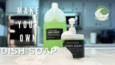 a bottle of dish soap sitting on top of a kitchen counter next to a foam dispenser