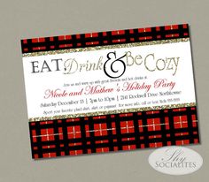 the eat drink and be coy card is shown with red plaid pattern on it