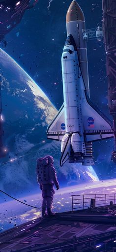 an artist's rendering of a space station with a rocket on the ground and a man standing in front of it