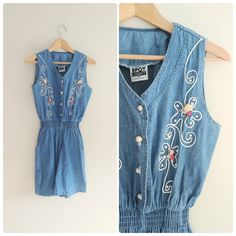 "Vintage 1990s denim shorts womens romper. Four faux pearl buttons up the front. Thick elastic cinched waist. Two pockets. Fabric os a lightweight cotton denim. Label: Spot Light Tag size Small Bust: 38\" Waist: 25\"-31\" (thick elastic) Hips: 44\" Inseam: 6\" Length: 36\" Condition: Excellent Vintage - no flaws to note" Womens Romper, Shorts Jumpsuit, Denim Label, Jean Romper, Romper Shorts, Womens Jumpsuits, Jumpsuit Summer, Mexican Dresses, Spot Light