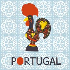 a rooster with the word portugal on it's face and an ornate pattern in the background