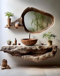 a bathroom with a wooden sink and mirror