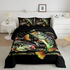 a bed room with a neatly made bed and two fish on the coverlets