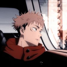 an anime character sitting in a car with his head out the window and looking at something