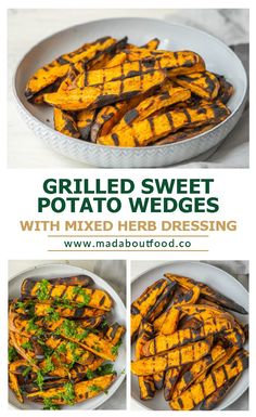 grilled sweet potato wedges with mixed herb dressing in a white bowl and on the side