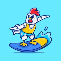 a cartoon chicken riding a surfboard in the ocean