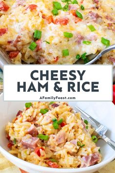 cheesy ham and rice casserole in a white bowl