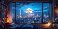 a bedroom with a view of the city at night and full moon in the sky