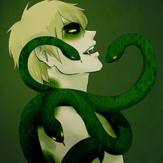 a drawing of a woman with green eyes and a snake wrapped around her neck, on a dark background