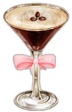 a drawing of a martini in a glass with a pink bow around the rim and coffee beans on top