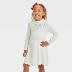 Let your kid embrace the colder weather in style wearing this Pointelle Dress from Cat & Jack™. Made of pointelle fabric, this super-soft knee-length dress features a crew neckline. Designed in a pullover style, this long-sleeve dress also has ribbed cuffs for a snug fit. Cat & Jack™: Designed for all children so you can trust it's made for yours. Satin Long Sleeve Dress, Cable Knit Sweater Dress, Pointelle Sweater, Cozy Dress, Ribbed Sweater Dress, Satin Long Sleeve, Long Sleeve Print Dress, Knit Sweater Dress, Girls Long Sleeve