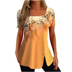 PRICES MAY VARY. Features:womens SUMMER tops, SQUARE NECK tops tee, short sleeve tshirts, split tunic tshirt, dressy casual blouses, Solid color and print, on the hip length, Sexy, Plain, Trendy and Elegant.Tunic tops are made of 20% polyester and 80% cotton . The fabric is soft, comfortable, lightweight, skin-friendly and feels cool to touch. Occasion: Casual/Home/Beach/Party/Shopping/Work/School/Outside/Wedding/Holiday/Daily/Office/Travel/Running Style/Valentine's Day. The simple design makes Grown Women Outfits, Blouse Outfit Casual, Loose Blouses, Women Dress Online, Charm Quilt, 2000 Fashion, Womens Trendy Tops, Tunic Tops Casual, Shirred Dress