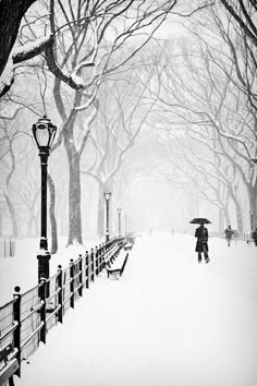 a person walking down a snow covered sidewalk with an umbrella in the wintertime,