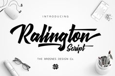 an image of the word radington script on a white background with other items