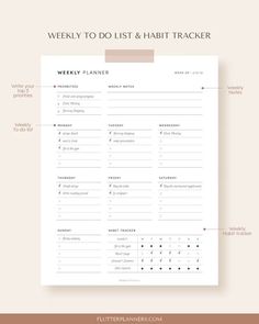 a printable weekly planner with the words, weekly to do list and habit tracker