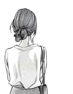 a drawing of a woman with her back turned to the camera, holding a purse