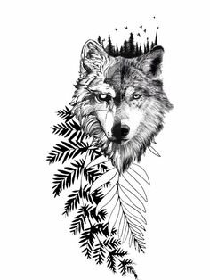 a black and white drawing of a wolf's head with trees in the background