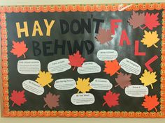 a bulletin board with leaves on it that says, hay don't fail fall