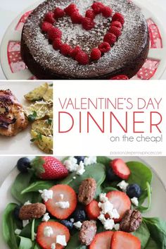 valentine's day dinner on the cheap with chocolate cake, strawberries and spinach