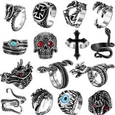 Men Women Snake Ring Dragon Open Rings Set Knuckle Stacking Ring Boho Finger Rings Chinese Dragon Ring, Claw Ring, Snake Ring Skull Ring, The Devil's Eye Ring, Octopus Ring The Skeleton Feather Emo Rings, Punk Rings, Octopus Ring, Edgy Jewelry, Claw Ring, Open Rings, Estilo Hippie, Dragon Ring, Punk Vintage